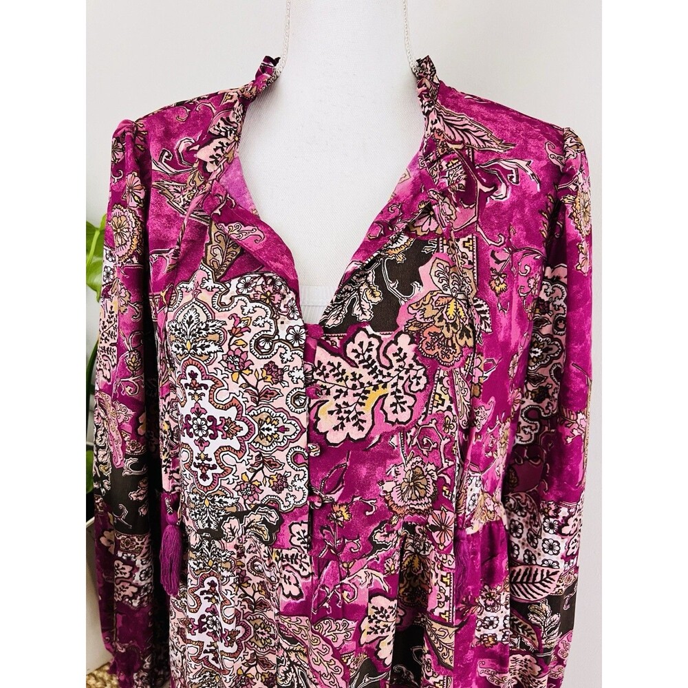 Wonderly Super Soft Fuchsia Floral Long Sleeve Ruffly Maxi Dress Tiered Sz Large - Picture 3 of 10
